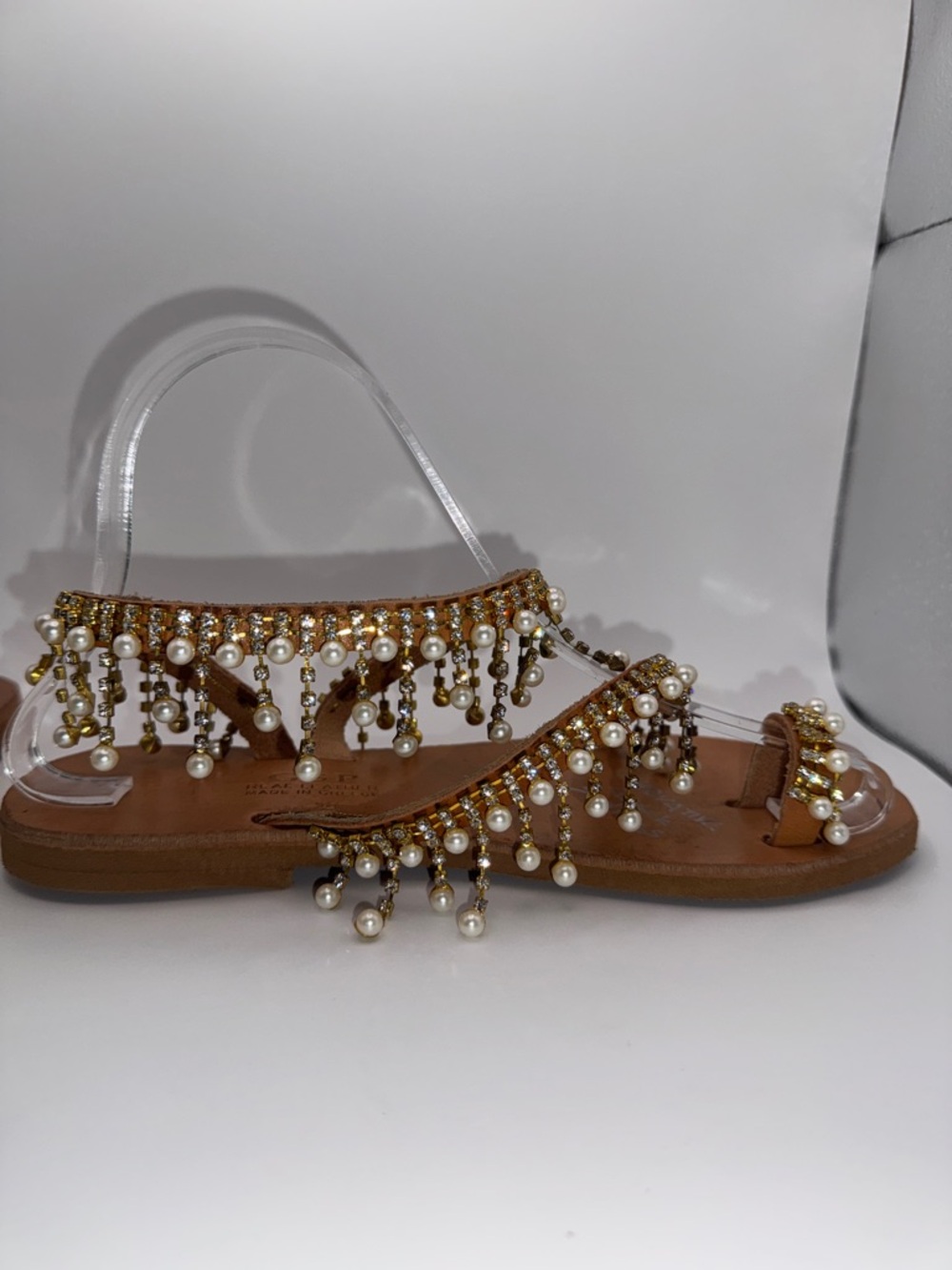 Innovative Greek Sandals GSP Real Leather Pearl Rhinestone Gold Flat Sandal - Picture 9 of 16